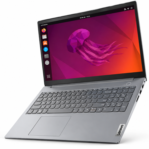 Portátil Lenovo con Ubuntu y fondo de medusa